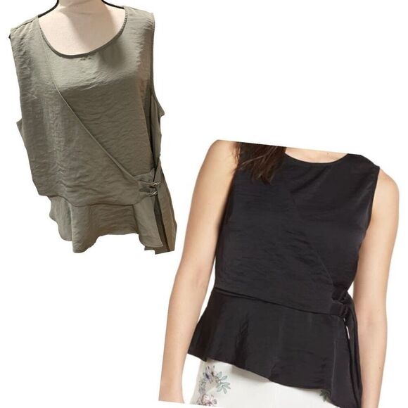 Vince Camuto Asymmetrical Layered Belted Tank Hammered Satin Camo Grn XL NWT $89 - Picture 1 of 9